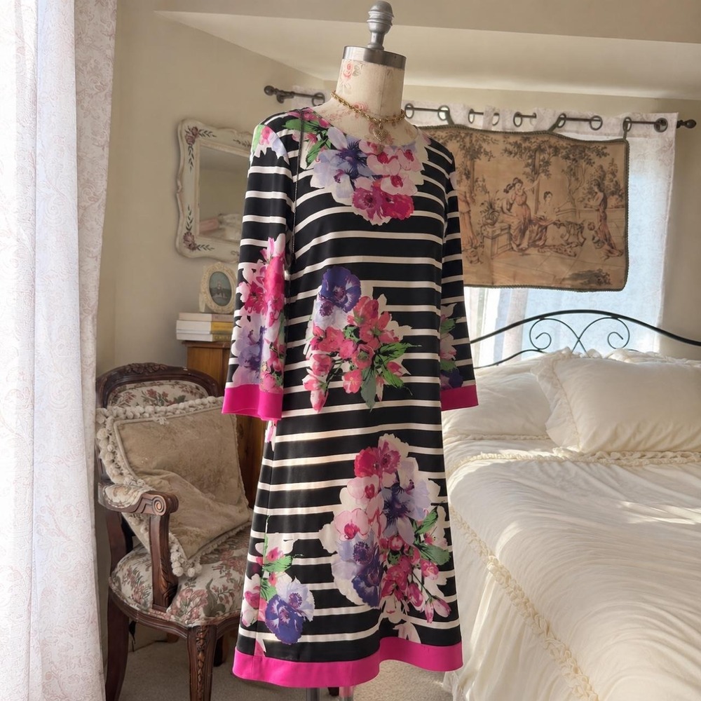 Black floral dress  Flare sleeve striped floral work dress
